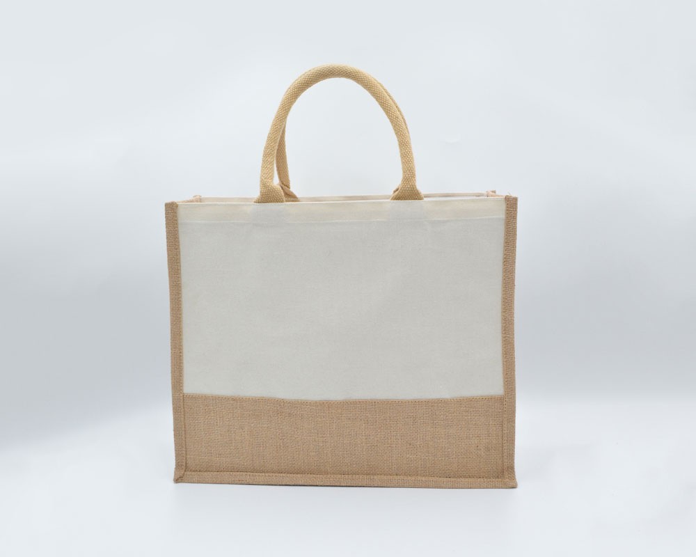 Jutetasche mit Canvas und kurzen Henkeln creme